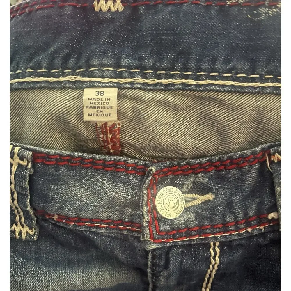 True Religion Cut Off Bermuda Denim Shorts Mens 38 Blue Red Horseshoe